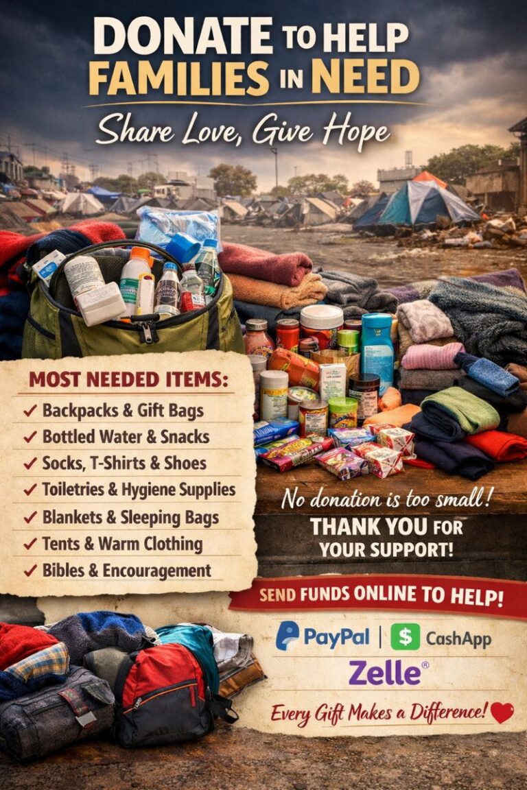 Love Changing The World Donation Flier, with donated food, scarves, backpacks and tents. Background of Unhoused Encampment