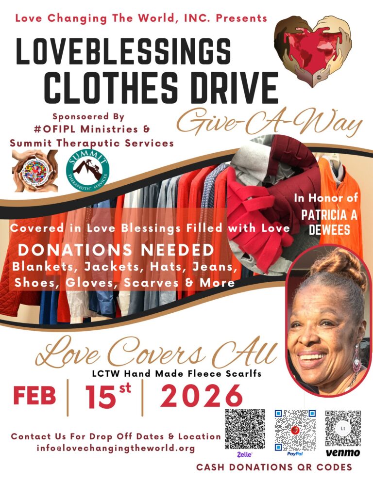 Covered In Love Clothing Drive Flyer with the 2026 Information featuring clothes, scarves, and information for February 15, 2026