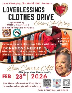 Covered In Love Clothing Drive Flyer with the 2026 Information featuring clothes, scarves, and information for February 15, 2026
