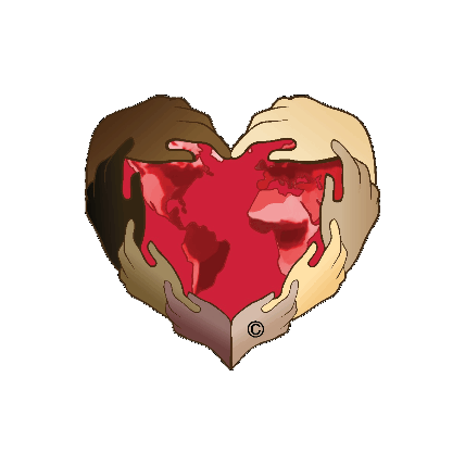Love Changing the World, spinning heart shape logo with hands in various colors with dark browns shades to light.